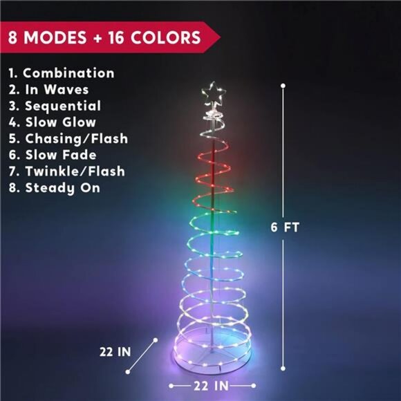 6FT Animated Christmas Spiral Tree Yard Light Decorations 135 Pre-Lit Smart LED